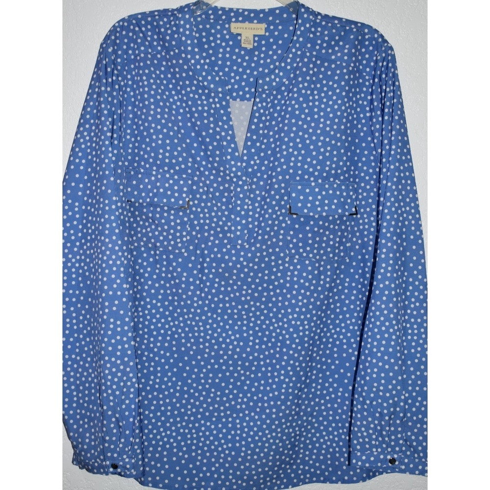 Appleseeds Stretch V-neck Blouse XL Polka Dot Lt Blue Long Sleeve Pockets Top